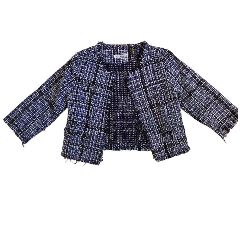 SHEIN Kids Blue Tweed Plaid Blazer